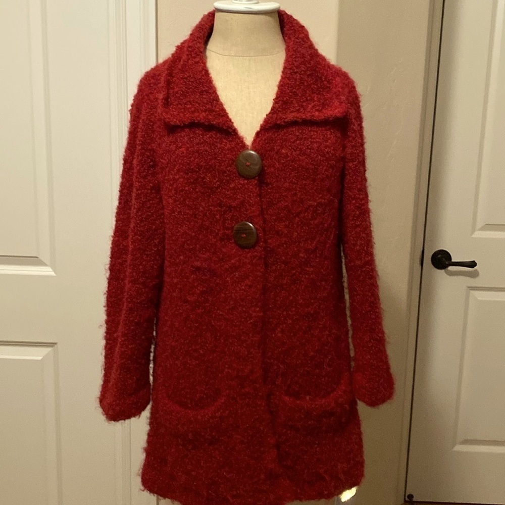 Tabask Alpaca Wool Cardigan Sweater Womens M Red thick Nubby knit Festive Fall